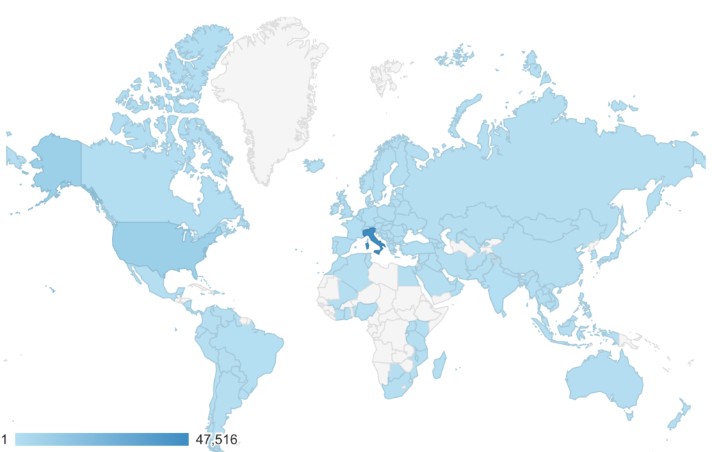 Distribuzione geografica dei visitatori di glioblastomamultiforme.it a 2 anni dal lancio.